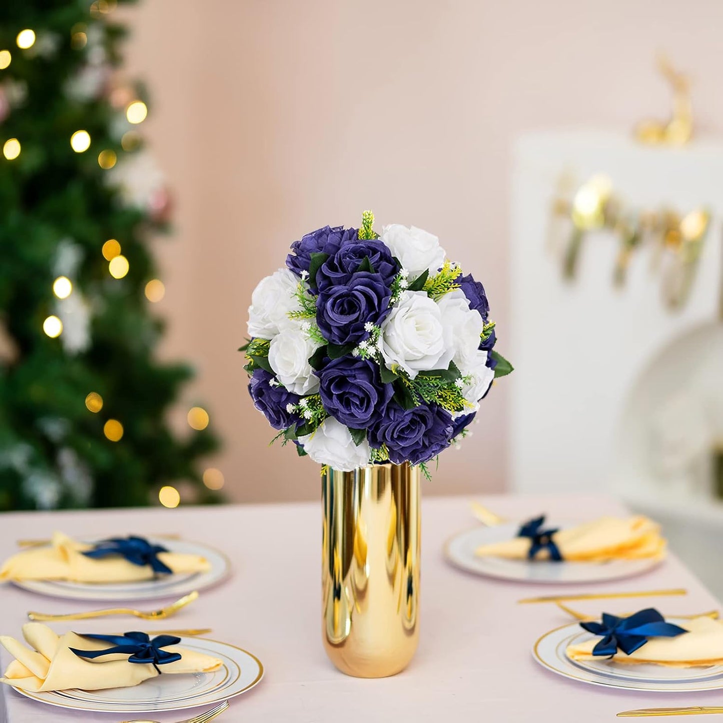 BLOSMON Navy Blue Flowers for Centerpieces: 10 Pcs Artificial Roses Flower Balls for Wedding Table - Fake Silk Kissing Bouquet Floral Arrangement for Home Party Event Decoration