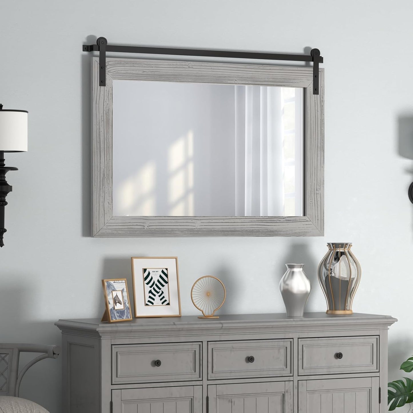 COGOOD Farmhouse Barn Door Mirror - 41" x 26" Rustic Wood Framed Wall Mirror for Bathroom, Living Room, Entryway Wall Decor (Grey)