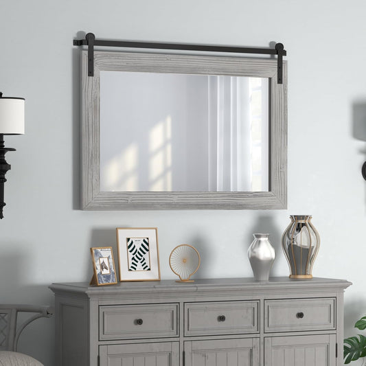 COGOOD Farmhouse Barn Door Mirror - 41" x 26" Rustic Wood Framed Wall Mirror for Bathroom, Living Room, Entryway Wall Decor (Grey)