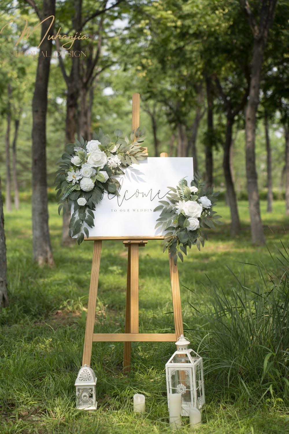 Wedding Sign Faux Flower Swag (Pack of 2) for Ceremony Party Reception Entrance Floral Decor Wall Easel Stand for Wedding Poster Welcome Sign (Natural White)