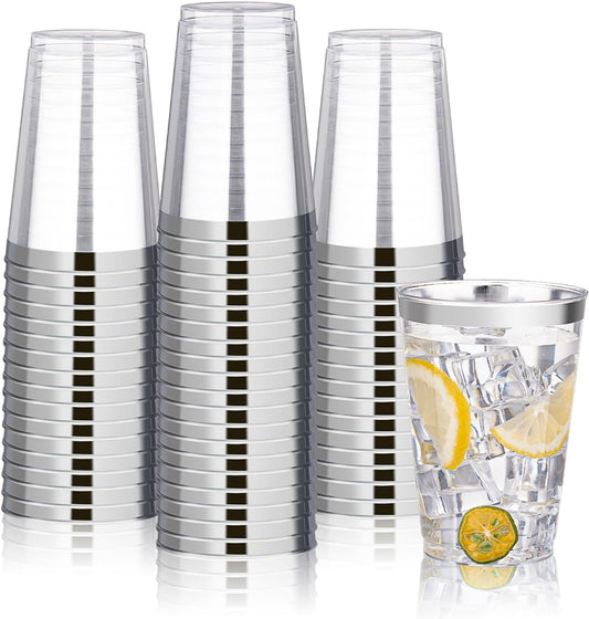 BESTVIP 12oz Silver Plastic Cups, 100 Pack Silver Rimmed Disposable Cups, Heavy-duty Party Cocktail Glasses for Christmas, Thanksgiving, Plastic Cups for Party, Holiday, Wedding and Birthday
