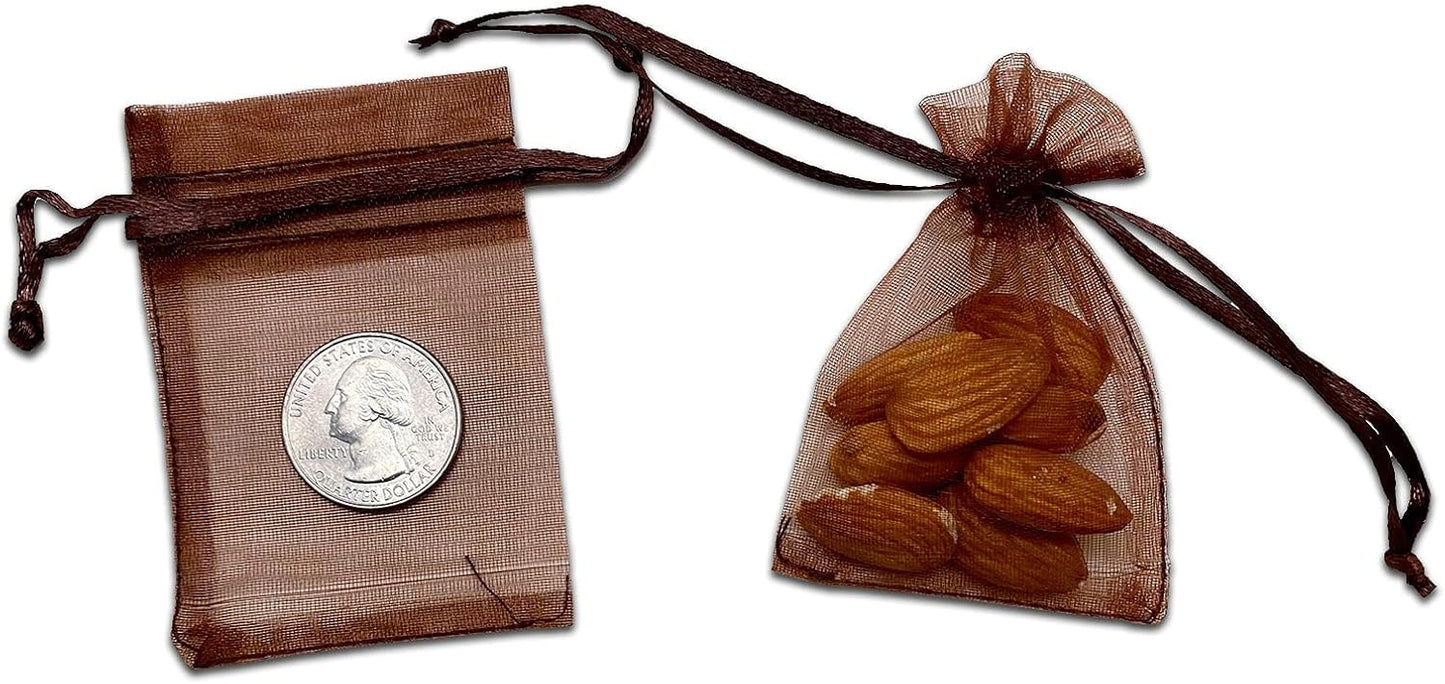 TheDisplayGuys 100-Pack XS 2 x 2 3/4" Brown Sheer Organza Gift Bags with Drawstring, Jewelry Candy Treat Wedding Party Favors Mesh Pouch