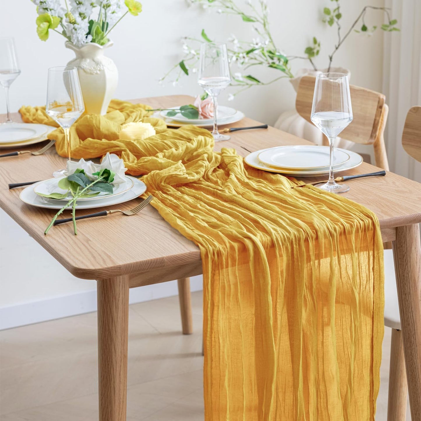 Asee'm 6pcs Cheesecloth Table Runner 120 Inches Long Gold Boho Gauze Cheese Cloth Runner 10FT Rustic Sheer Table Runners for Christmas Wedding Party Baby Shower Spring Easter Decoration