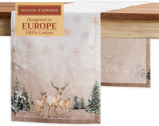 Maison d' Hermine Table Runner 100% Cotton Single Layer Table Runners 108 inches Long for Thanksgiving Christmas Decorations Home Kitchen Dining Party Wedding (Deer in The Woods, 14.5" x 108")