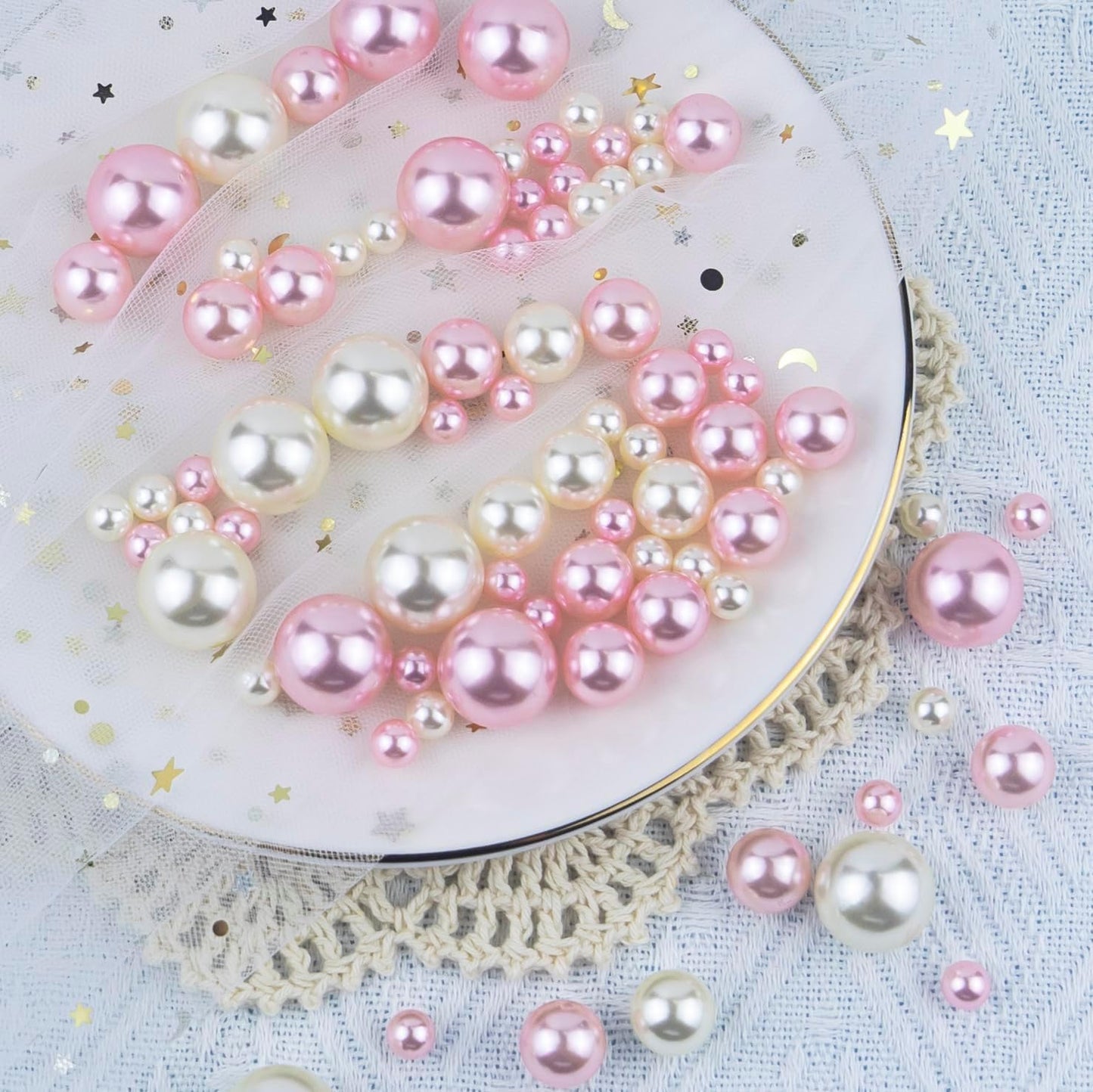 300Pcs Cream&Pink Polished No Hole Faux Pearl Beads for Vase Filling Decorations, Plastic Pearls Vase Fillers, Table Scatters, Wedding Centerpiece, Home Decor, 8/14/20 mm