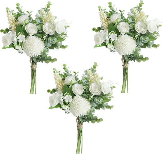 Meldel 3Pcs Rose Bouquet Artificial Fake Flowers Eucalyptus Plants Silk Flower Arrangements Wedding Bouquets Decorations Plastic Floral Table Centerpieces for Home Kitchen Garden Party Decor (White)