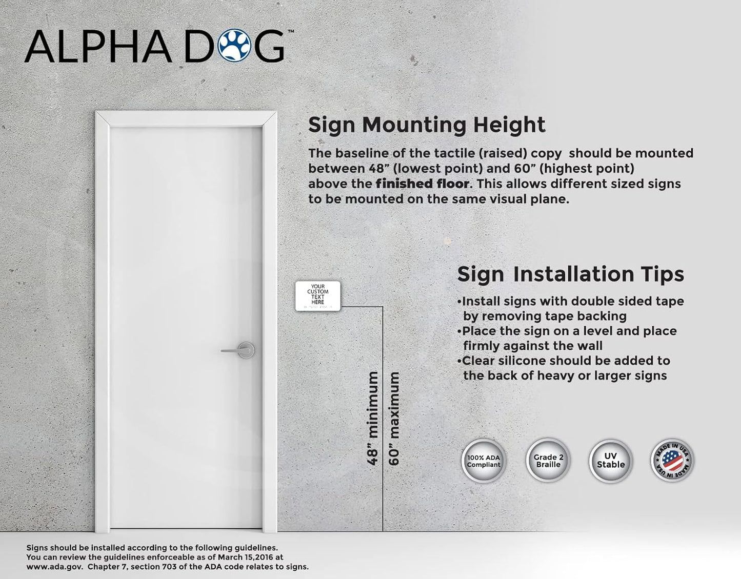 ALPHA DOG ADA SIGNS Custom ADA Compliant Braille Sign, 6"x9" Room Identification Plaque, Tactile Text, Raised Letters, Personalized 4-Line, Indoor/Outdoor, USA-Made (White)