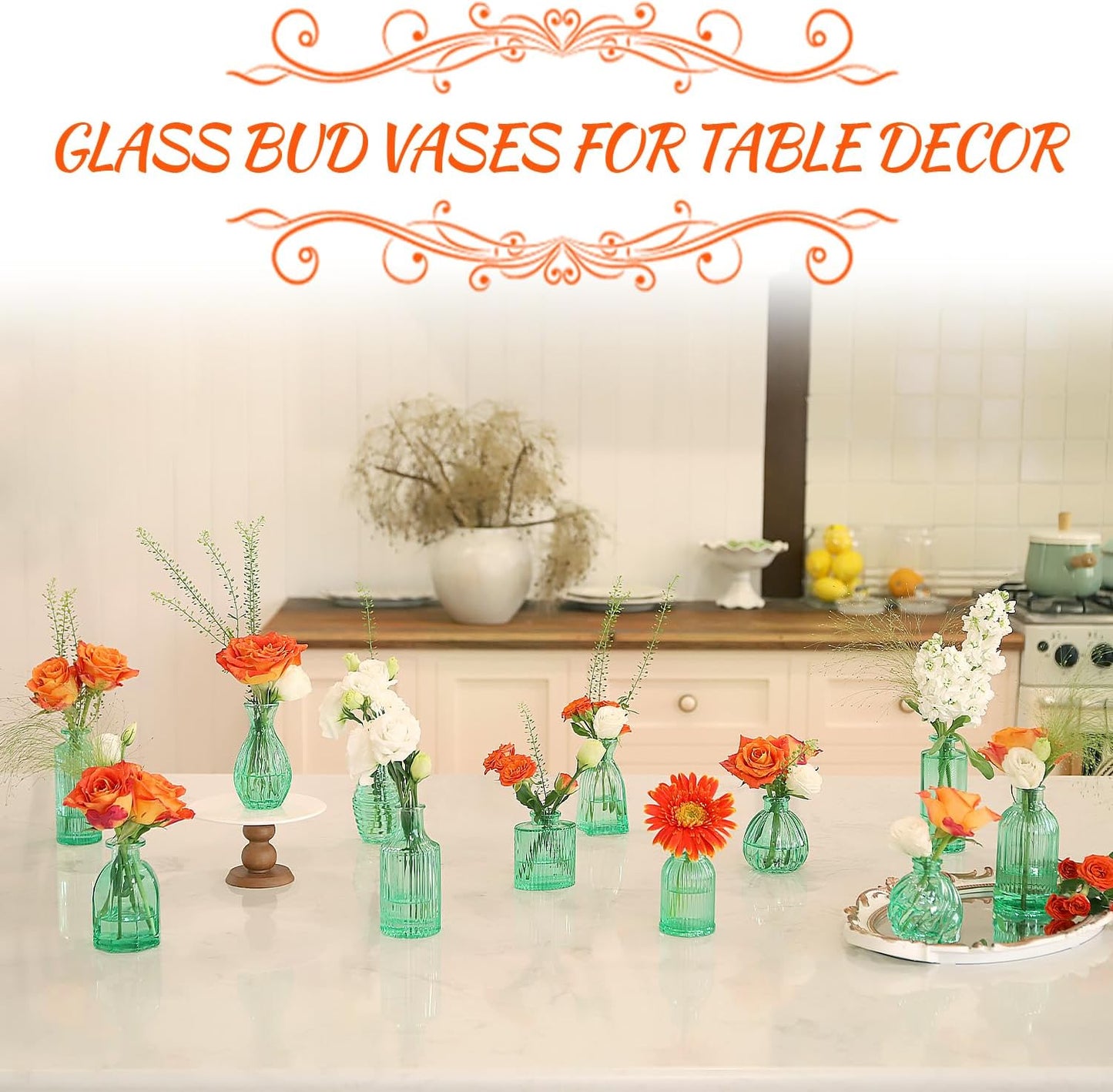 Green Vase, Bud Vases Set of 12, Small Green Glass Vases for Flowers Modern Ribbed Glass Bud Vase for Decor Wedding Flower Vase in Bulk Vintage Decor Bridal Shower Centerpieces Home Table Decoration