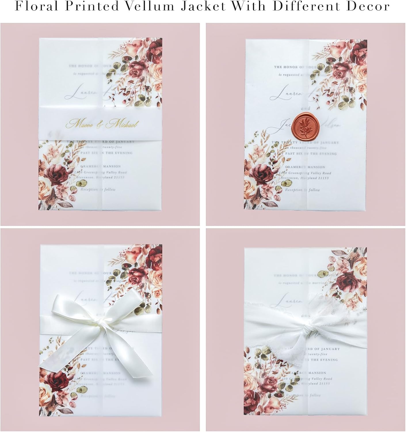 PONATIA 50PCS Vellum Jackets for 5x7 Invitation Cards- 135GSM Burnt Orange Floral Printed Vellum Sleeves, Quinceanera Wedding Invitation Cards Wraps, Transparent Christmas Gift Cards Jackets