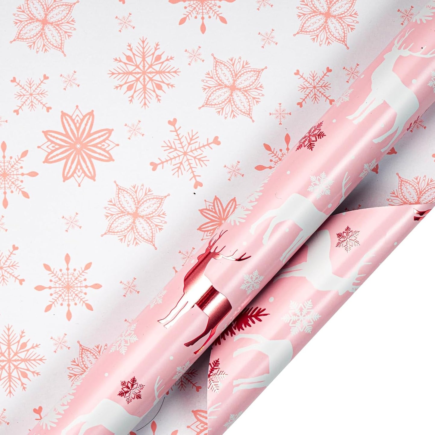 LeZakaa Christmas Pink Wrapping Paper Jumbo Roll, Reindeer & Snowflake, Metallic Foil, Rose Gold Foil Reversible Design for Festive Winter Holiday, Family Gathering, 30 inches x 32.8 Feet