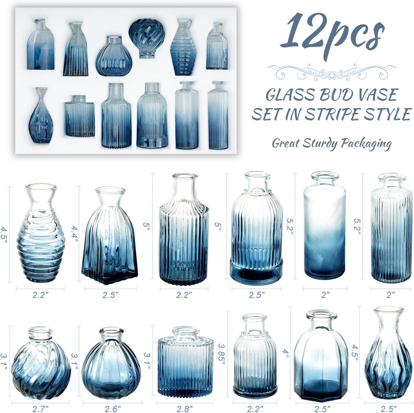 Bud Vases Set of 12, Gradient Blue Glass Vase Vintage Flower Vase for Decor Ribbed Small Bud Vases in Bulk Cute Wedding Birthday Party Centerpieces Table Decoration Home Decor