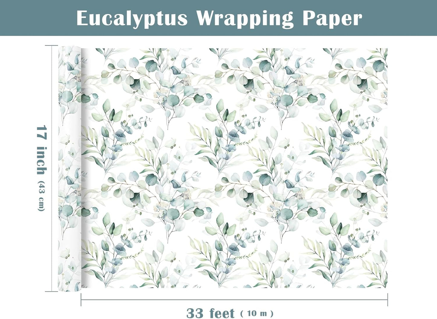 WRAPAHOLIC Eucalyptus Leaves Wrapping Paper Roll - Mini Roll - 17 Inch x 33 Feet - Eucalyptus Greenery Wrapping Paper Perfect for Birthday, Wedding, Bridal Shower