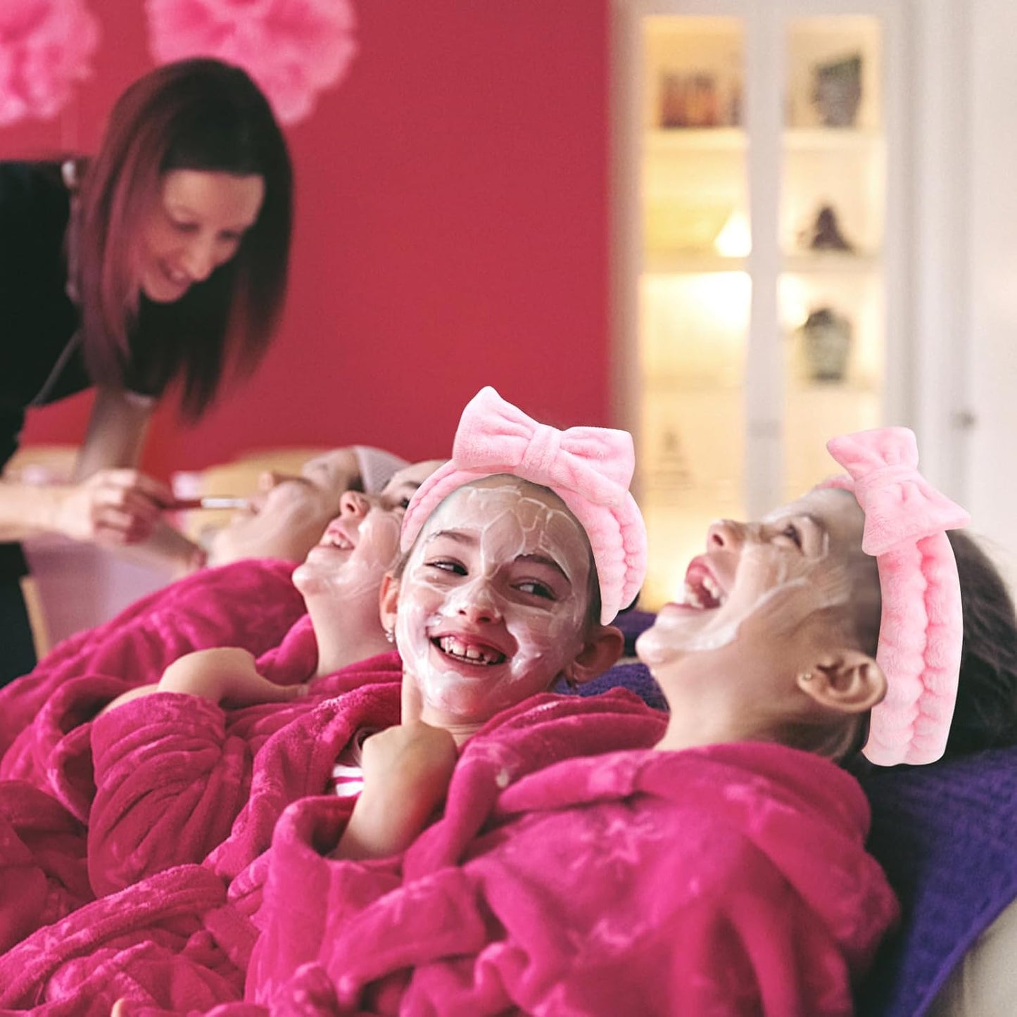 Semato 8 Pcs Pink Spa Headband for Washing Face and Makeup Bridesmaid Proposal Gifts for Women Coral Fleece Skincare Headbands Elastic Bow Head