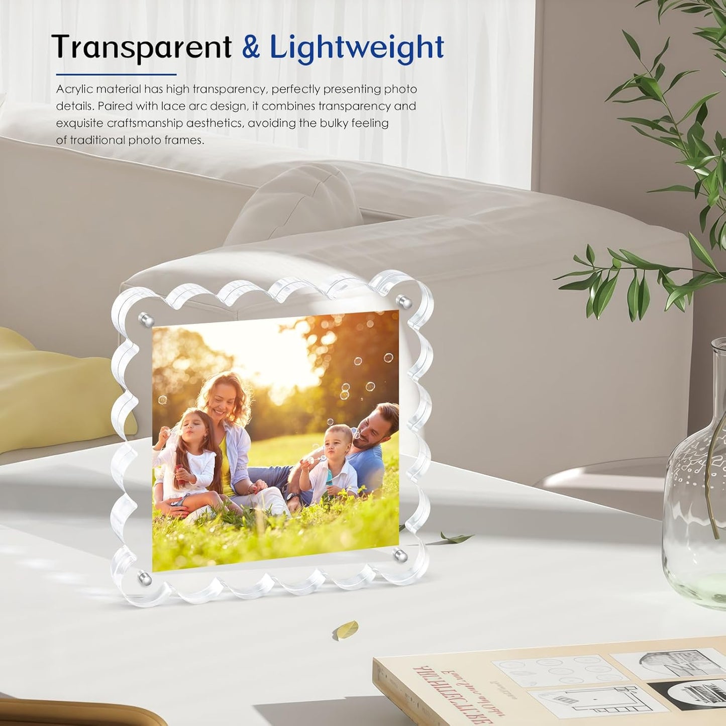 3Pack Clear Magnetic Picture Frames 5×5 Inch - Scalloped Picture Frame with 10+10mm Thick Block, Double-Sided Clear Display | Trendy Home Decor & Modern Gift Idea (3Pack, 5×5)