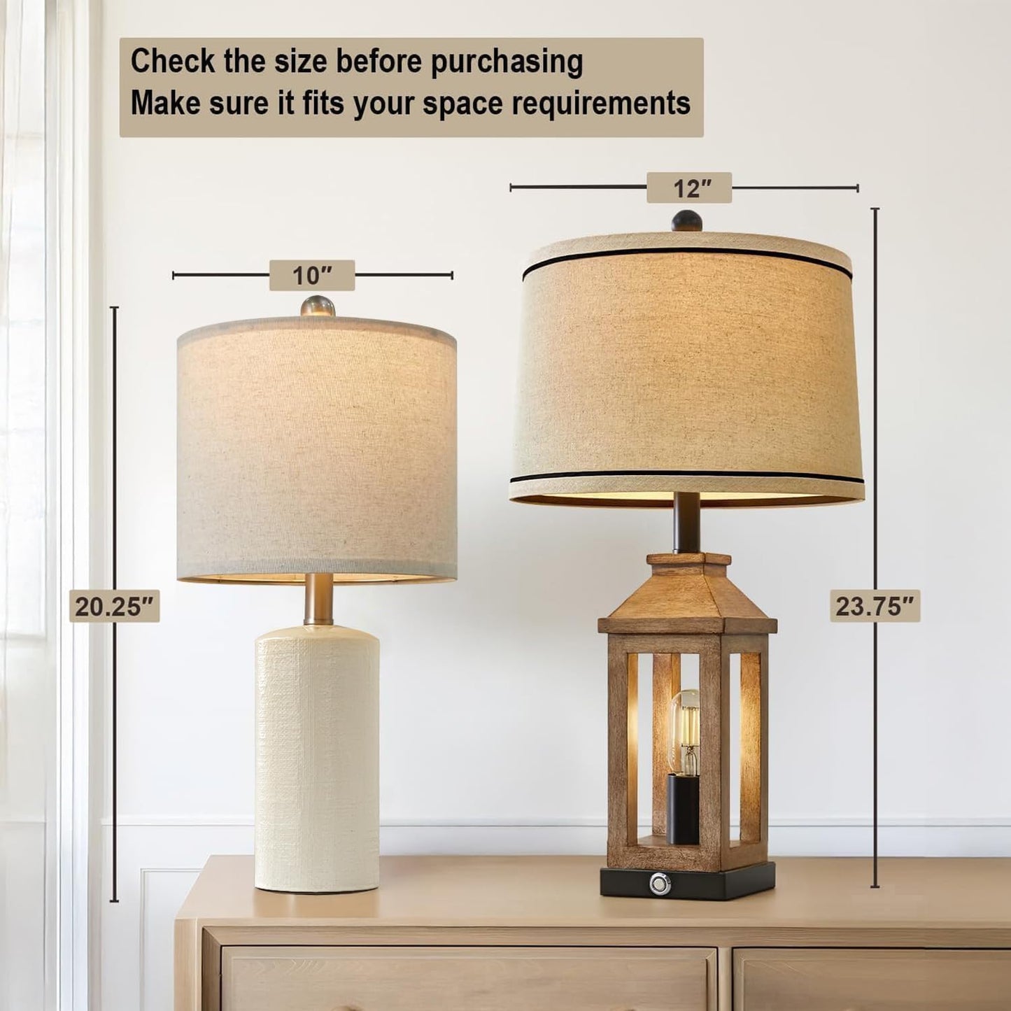 20.25" Small Single Table Lamp for Bedroom Modern Ceramic Nightstand Lamp Farmhouse Bedside Lamp Boho Living Room Lamp White End Side Table Lamp