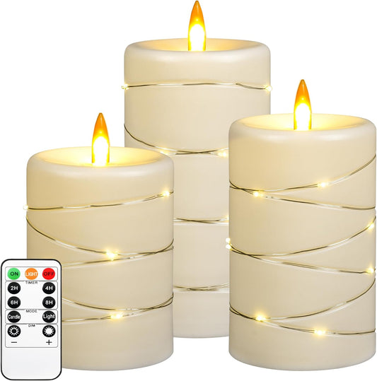 Upinmz Flickering Flameless LED Candles with String Lights, Remote Control and Timer - 3 Pack Ivory White Acrylic