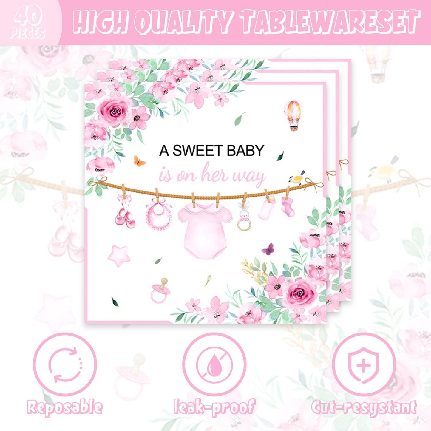 40pcs Pink Floral Baby Shower Decorations Girl Gender Reveal Supplies,Spring Rose Pink Baby Shower Plates and Napkins,Suitable for 20 Guests