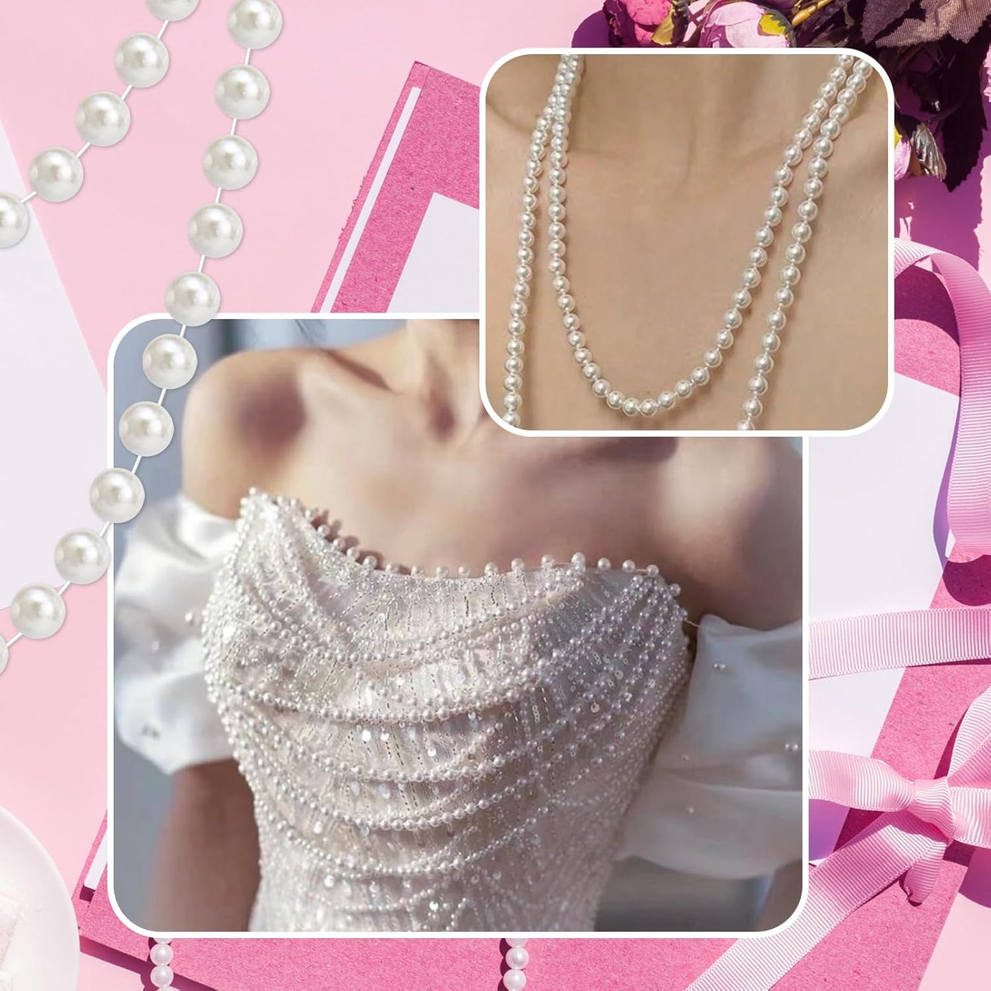 16 Feet 10mm Pearl Strings Garland for Crafts, Artificial Pearl Beaded Trim Chain Roll Strands for Wedding Centerpieces Bouquet Party Decoration Christmas Tree Garland, White