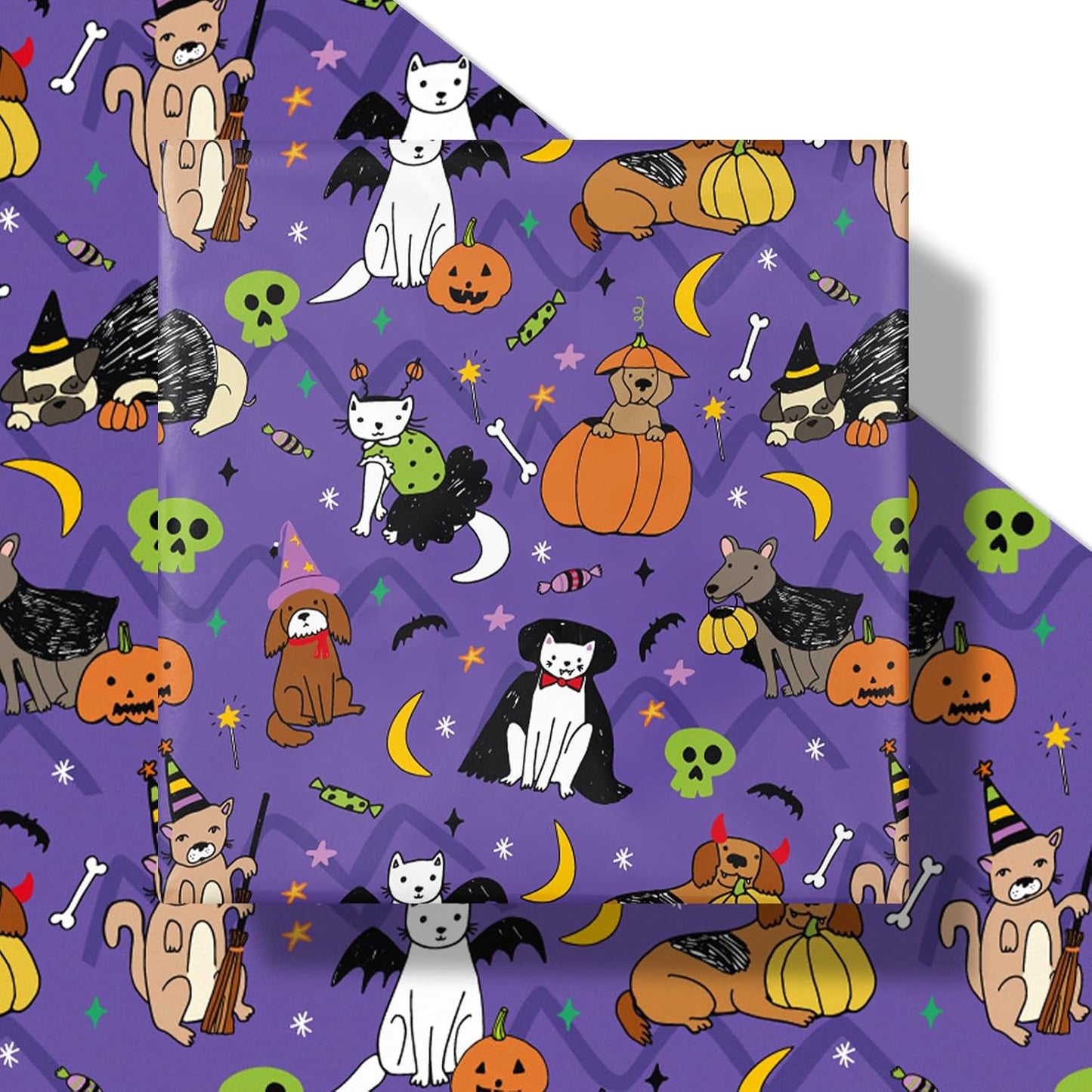 LeZakaa Halloween Purple Animal Wrapping Paper Roll, Cat Dog in Halloween Costumes, Pumpkins Bats Skulls Cheer, for Pet Lovers, Kids, Trick-or-Treat Party Decor, Mini Roll 17 in x 16.4 Ft