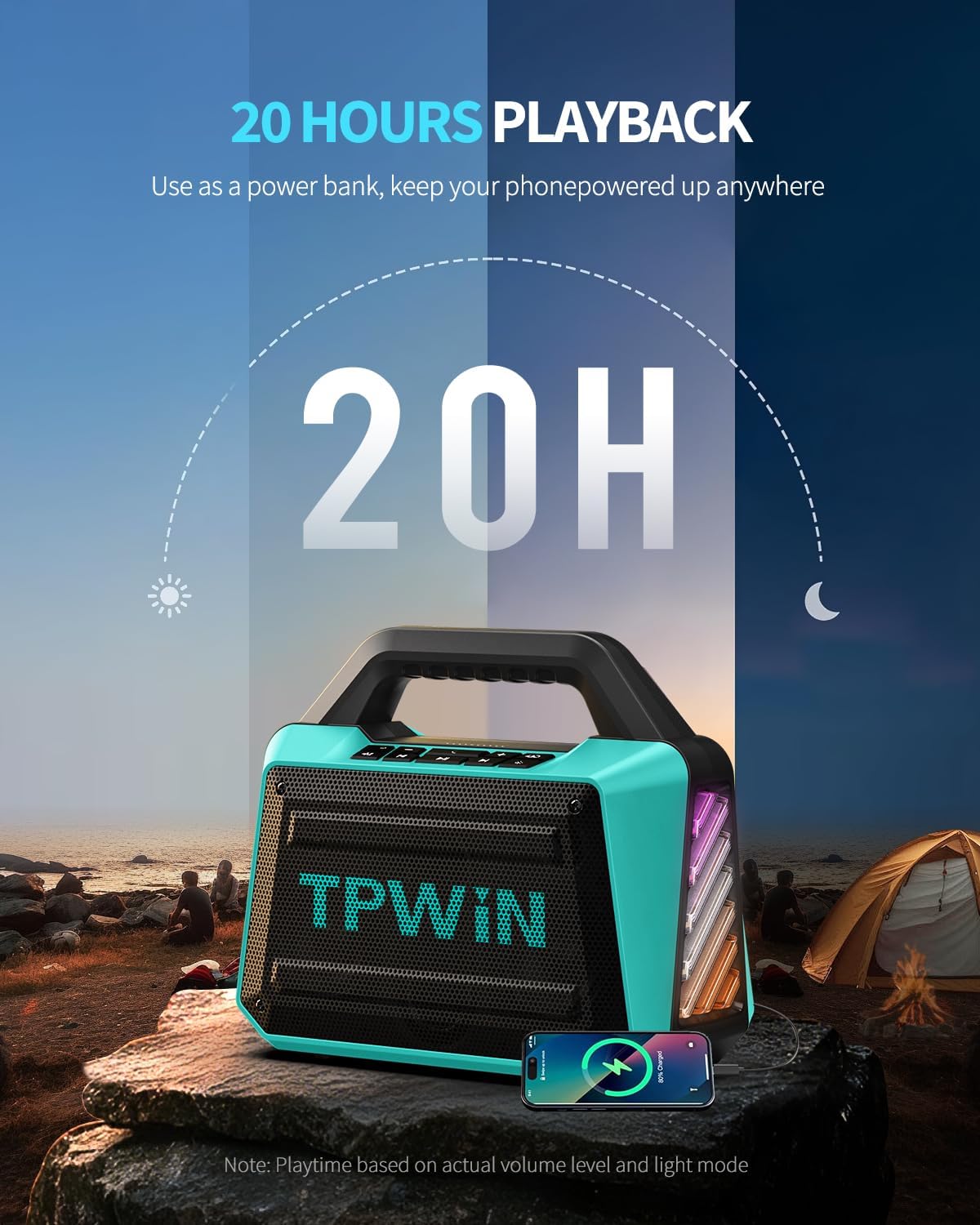 Powerful 80W Outdoor Bluetooth Speaker: IPX6 Waterproof, Rugged, 20H Playtime, Deep Bass, Lightshow, TWS, BT 5.3 Wireless, Portable for Travel Hiking Camping Beach Pool - Teal