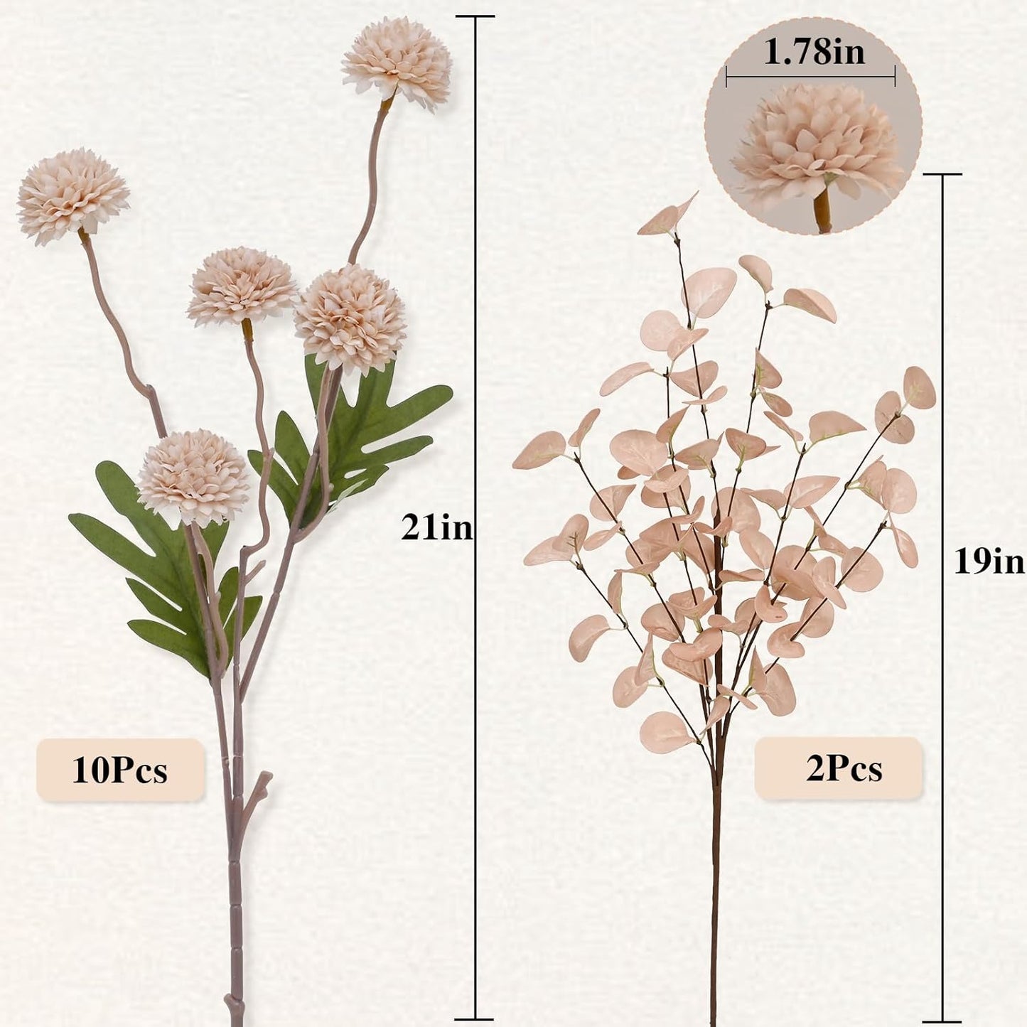 Waipfaru 10pcs Fake Silk Pompon Mum Artificial Flowers, Bulk Faux Mini Chrysanthemums with 2pcs Eucalyptus Stems, for Centerpieces Wedding Fillers Champagne Arrangements Boho Decor, No vase, Beige