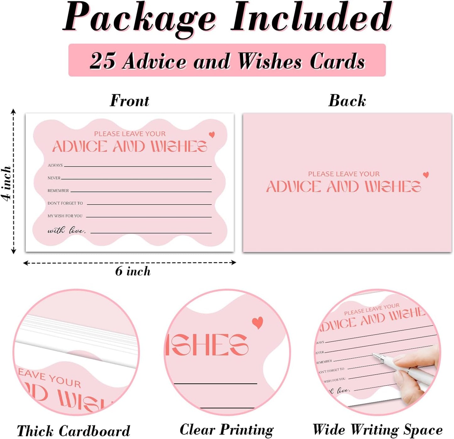 25 Advice and Wishes Cards, Pink Wavy Fill-In Advice Cards for Bridal Shower Wedding Birthday Party Baby Shower Graduation Party, Well Wishes Card for Mr & Mrs Adults, Party Supplies -01
