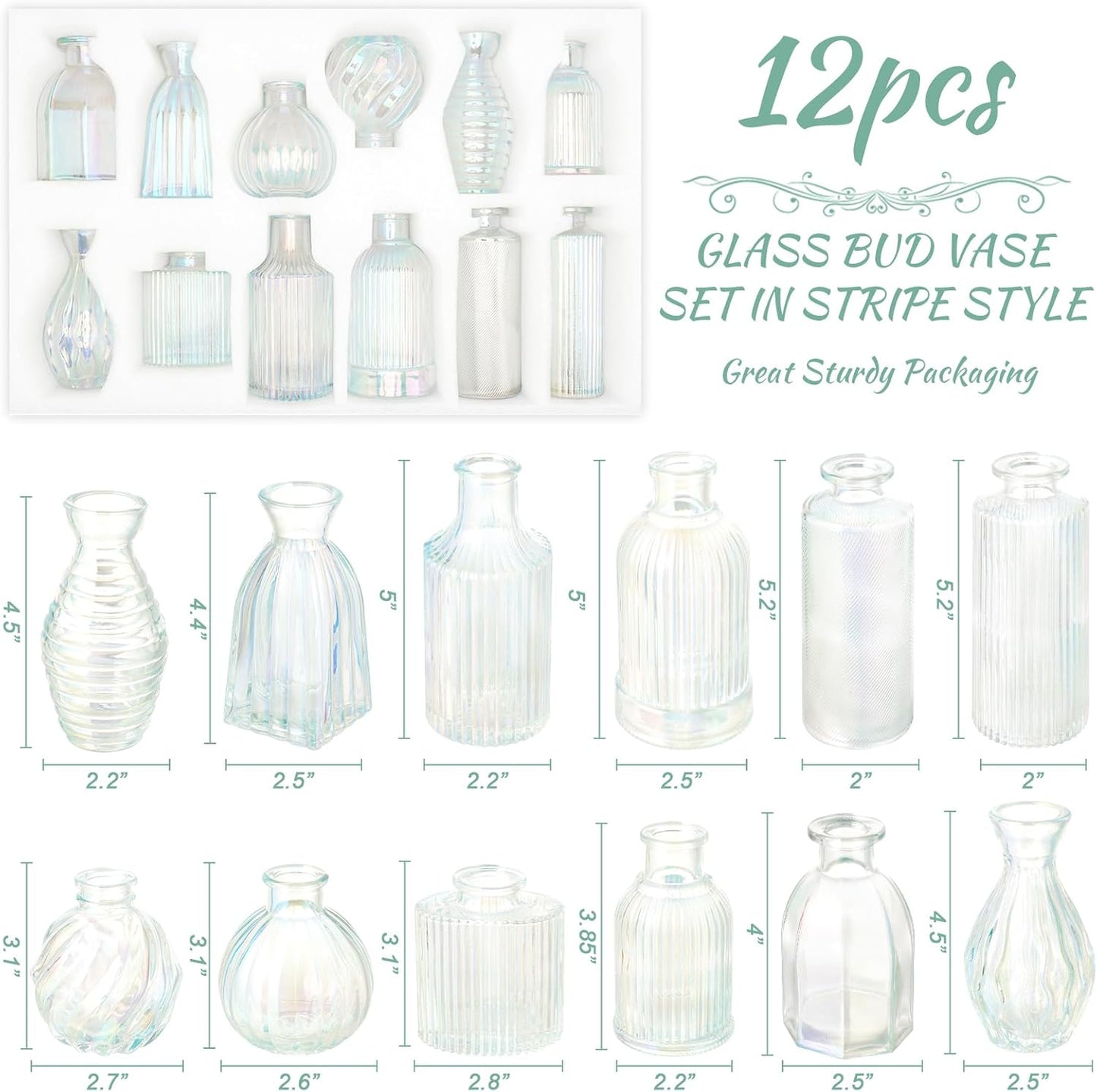 Bud Vases Set of 12, Iridescent Glass Vase for Decor Centerpieces, Small Vases for Flowers, Clear Irised Flower Vase Ribbed Modern Bud Vases in Bulk, Colorful Vases for Wedding Party Table Decoration