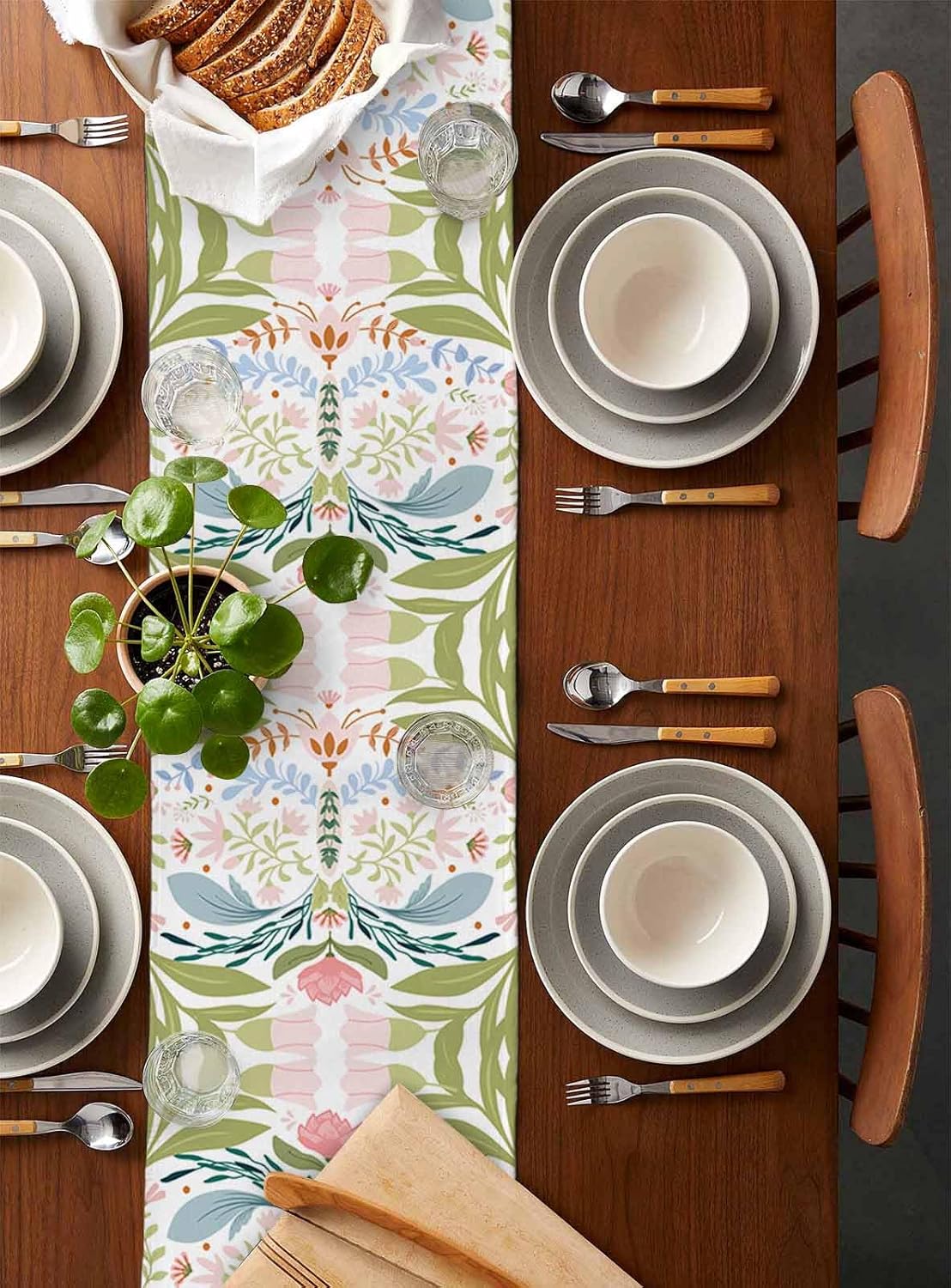 Green Blue Pink Boho Floral Cotton Linen Table Runner for Dining Kitchen, Wedding Outdoor Party Tablerunners Decoration, Retro Bohemian Botanical Dresser Scarf Coffee Tablecloth Runners 13x48 Inches