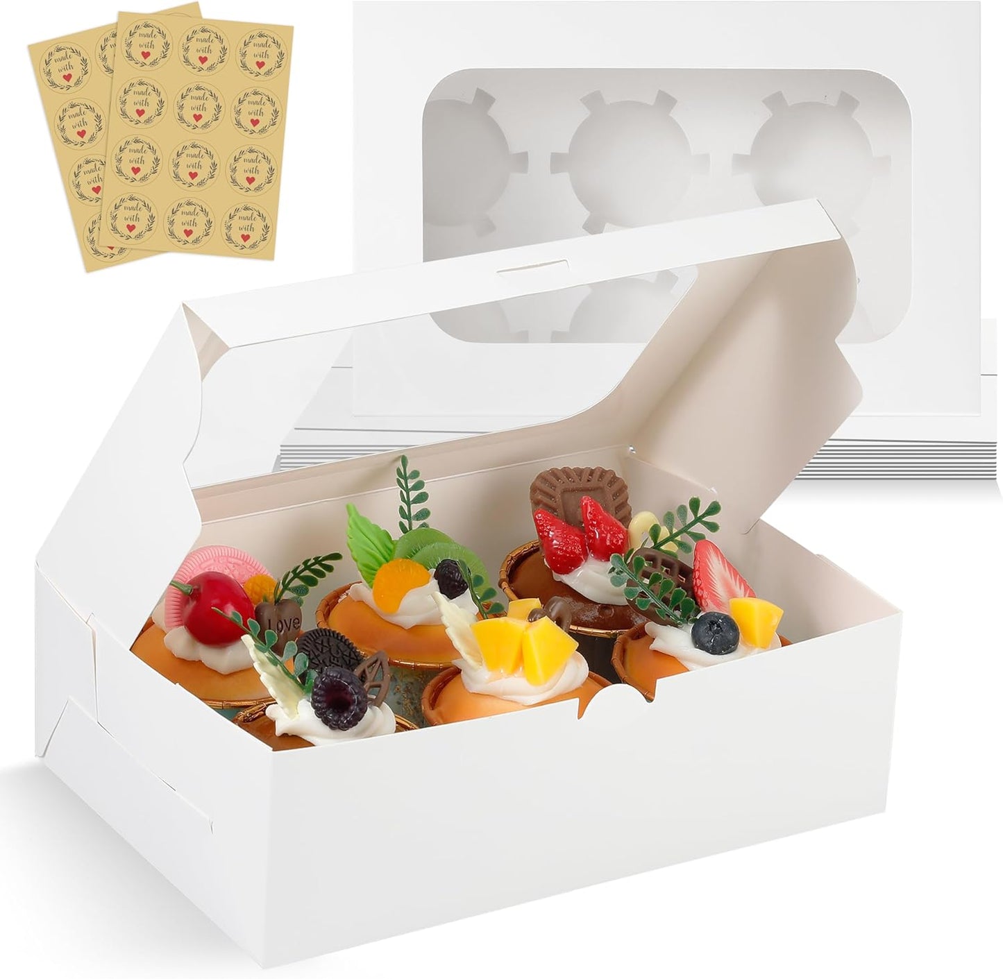White Cupcake Boxes Holds 6 Standard Cupcake Container,50 Packs,Pastry and Bakery,9.4x6.1x3.14Inches Cookie Boxes with Window and Six Treat Holder for Birthday Holiday Party Bakery