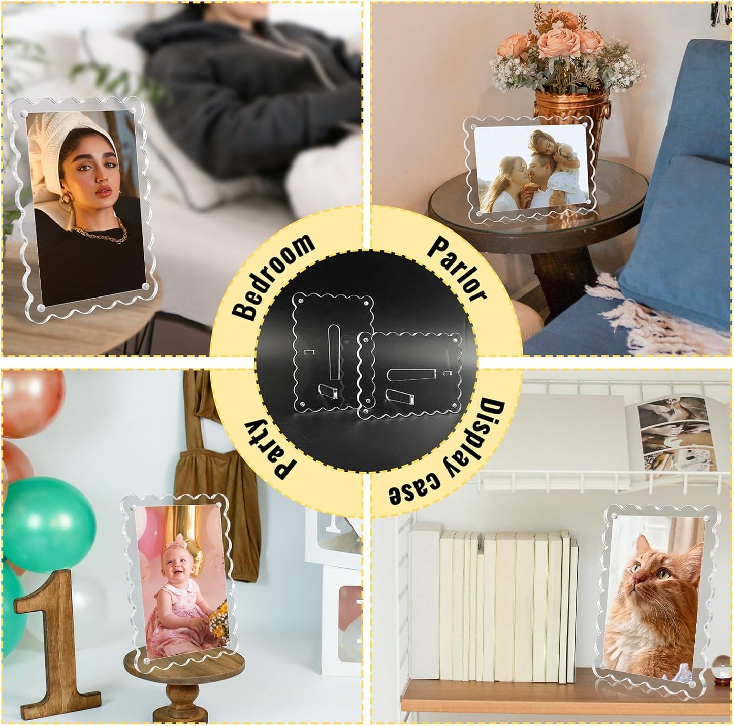 Acrylic Picture Frames 3 Pack 5x7 Scalloped with Detachable Brackets, Vertical and Horizontal Tabletop Display, Clear Magnetic Photo Frames for Home/Party/Wedding