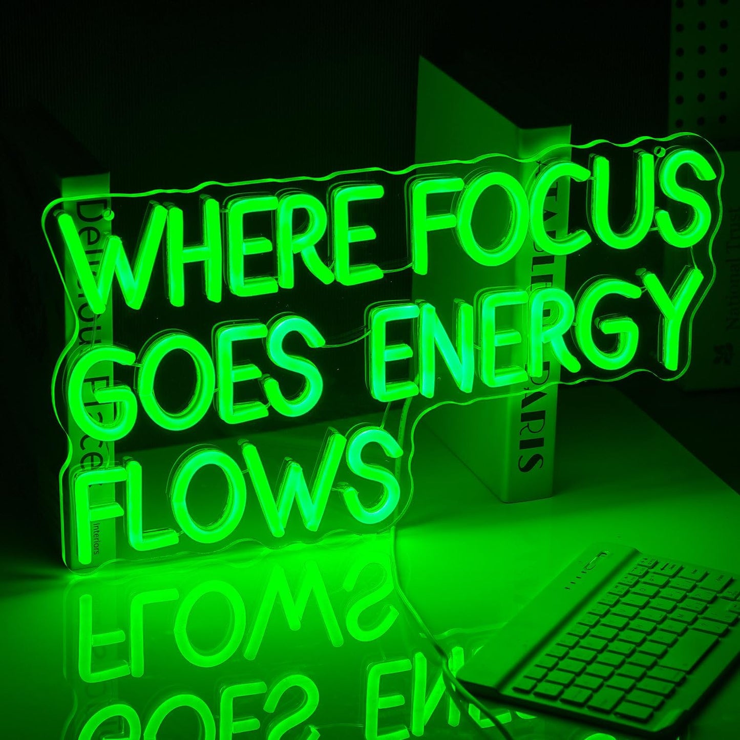 Where Focus Goes Energy Flows Neon Sign 16.5 * 9.1In Dimmale Green Light Up Sign for Wall Decor Led Words Neon Light for Bedroom Party Bar Personzalized Gift (USB Powered)