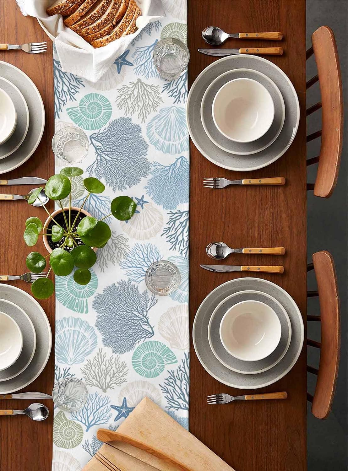 Coastal Coral Cotton Linen Table Runner for Dining Kitchen, Wedding Outdoor Party Tablerunners Decoration, Blue Nautical Starfish Ocean Shell Beach Dresser Scarf Coffee Tablecloth Runners 13x36 Inches