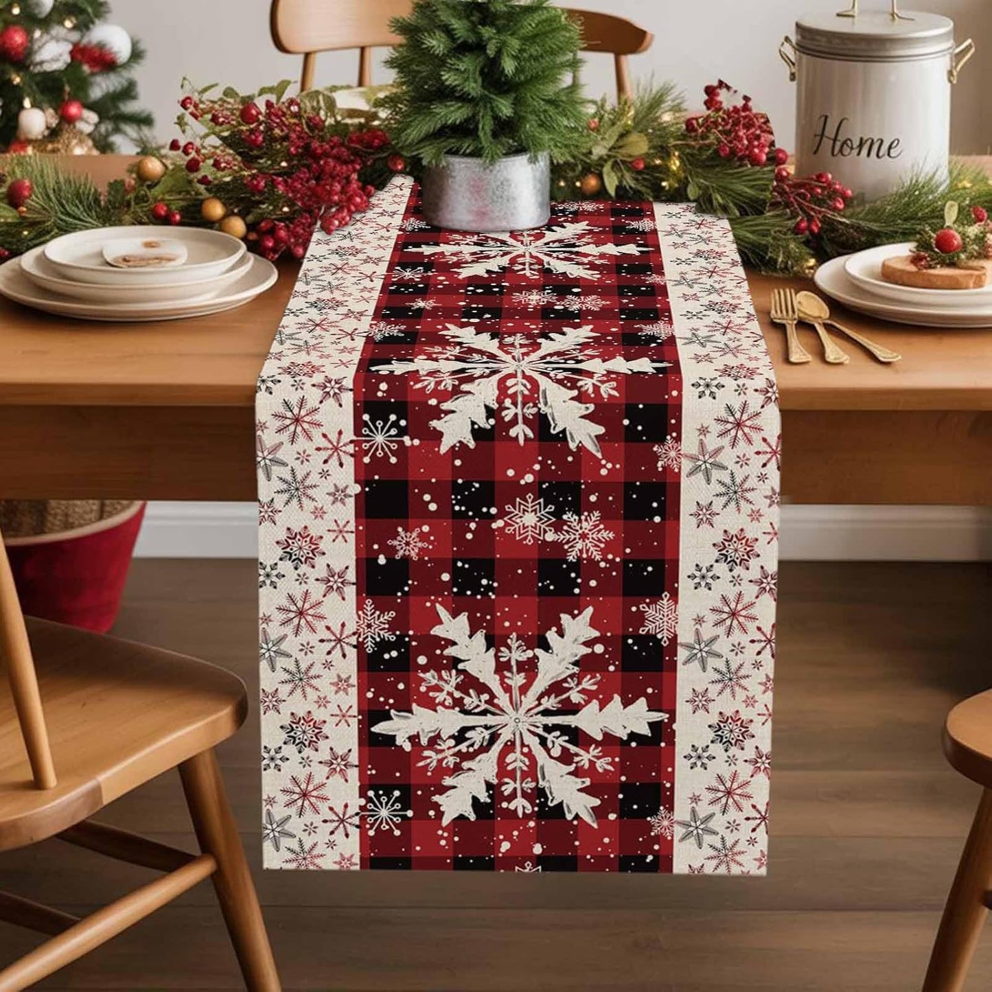 Buffalo Plaid Christmas Cotton Linen Table Runner for Dining Kitchen, Snowflake Red Black Check Wedding Outdoor Party Tablerunner Decoration, Retro Dresser Scarf Coffee Tablecloth Runners 13x48 Inches