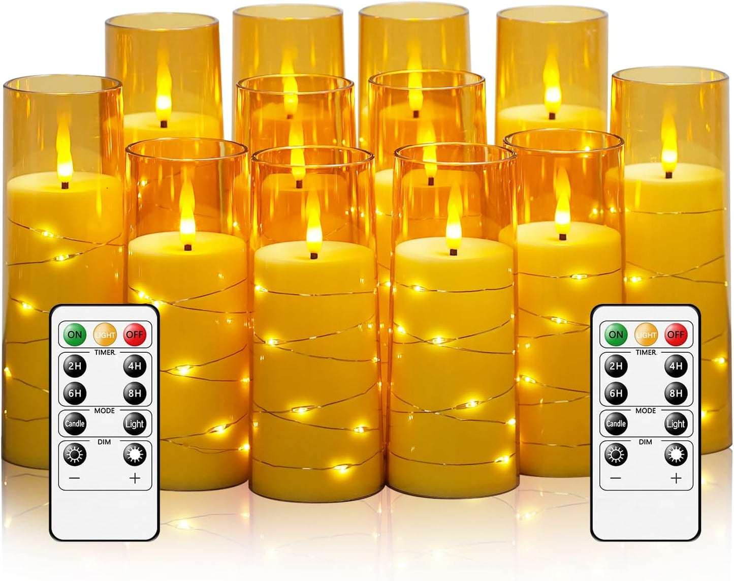 Flameless Candles with Embedded Star String - Battery Operated LED Candles, with Remote,12 Gold Flickering Candles for Christmas, Weddings, Home Decor & Party,(D 2.3"×H 5" 6" 7")