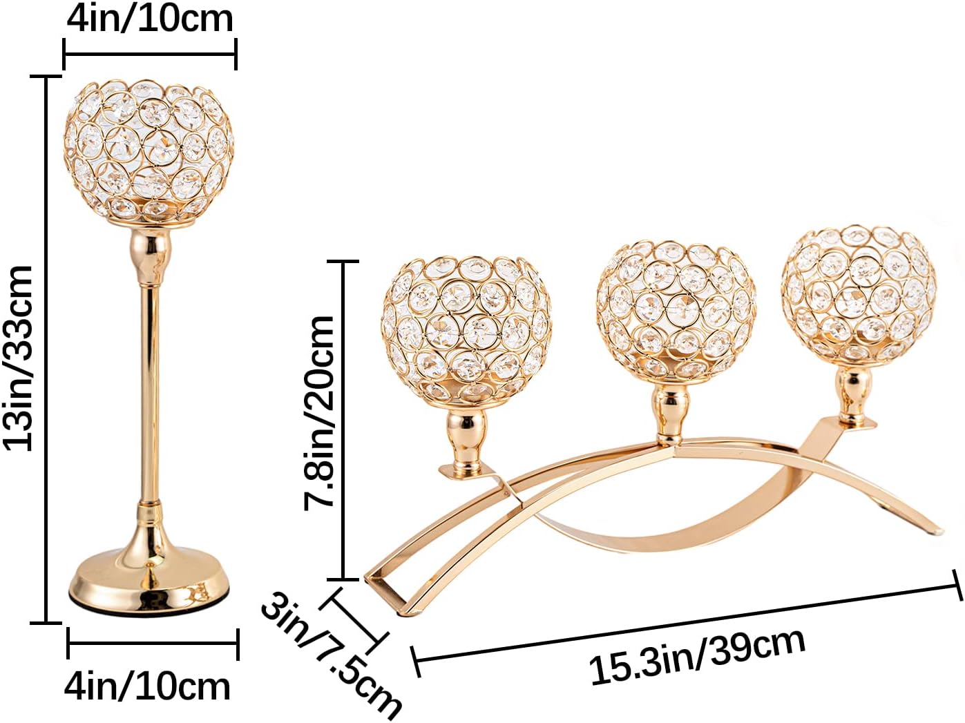 Vincigant Gold Crystal Candle Holders Set of 8 with 4Sets Crystal Candelabra 3 Arm Candlesticks Holder Table Centerpiece,Candelabra Centerpieces for Wedding Party Anniversary Home Living Room Decor