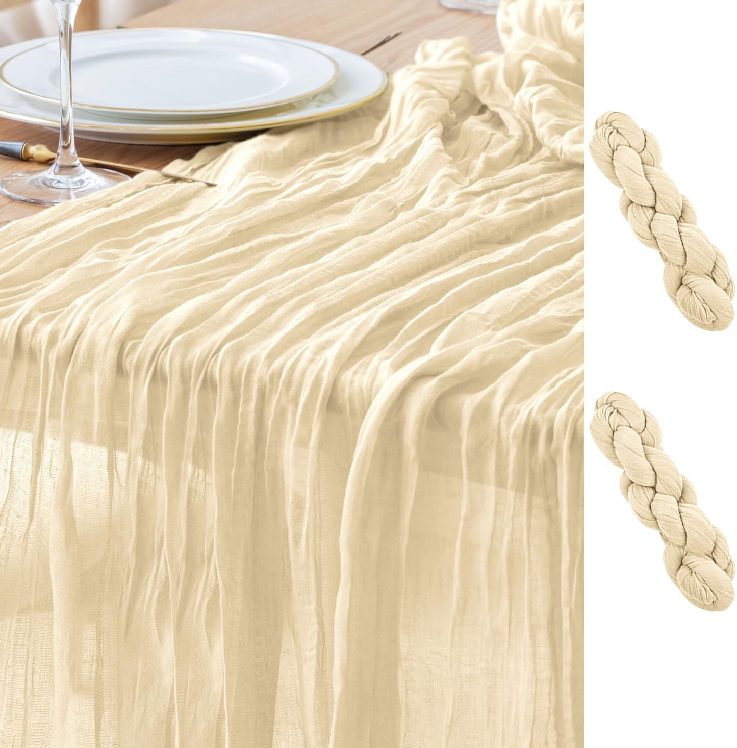 Asee'm 2pcs Cheesecloth Table Runner 120 Inches Long Beige Boho Gauze Cheese Cloth Runner 10FT Rustic Sheer Table Runners for Christmas Wedding Party Baby Shower Spring Easter Decoration