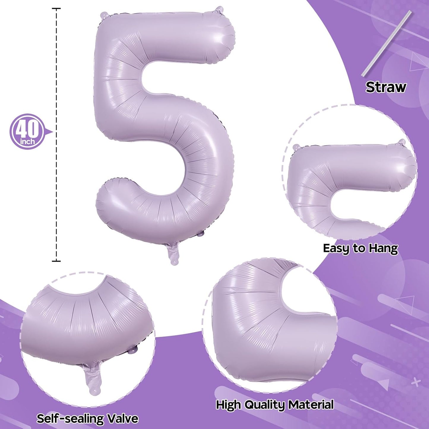 Light Purple 15th Birthday Balloons, 40 Inch Dusty Pastel Purple Mylar Foil Number 15 Balloons for Girls, Lavender Birthday Party Balloons Numbers 1 & 5 for Women 51st Anniversary Decorations Supplies