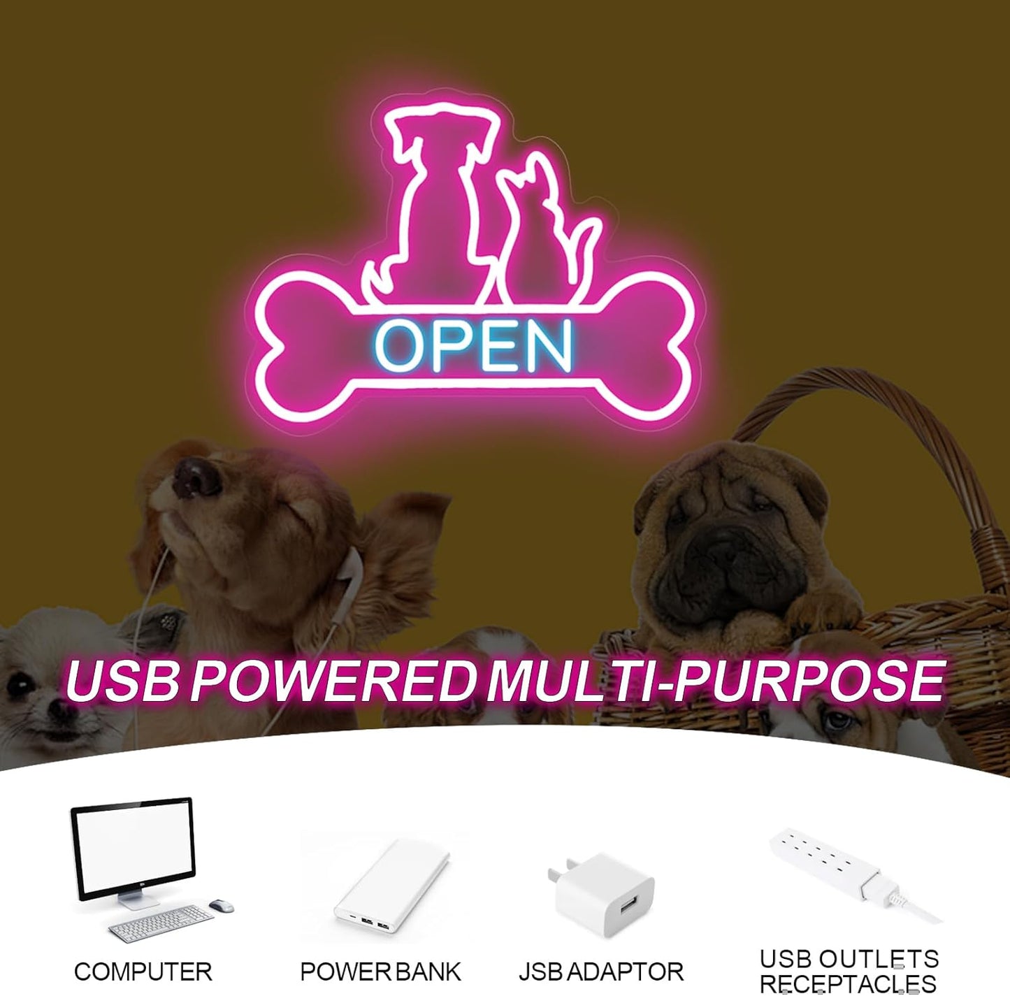 Pet Shop Open Neon Sign LED Dog And Cat Open Sign Bright Pet Grooming Salon Light Animal Shelter Storefront Decor Vet Clinic Window Sign, Pink+Ice Blue, 16.5"x12.4"