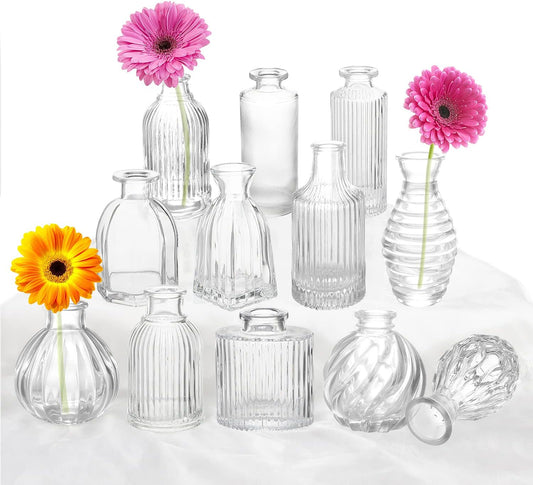 Bud Vases Set of 12, Glass Vase for Decor Centerpieces, Small Vases for Flowers, Clear Flower Vase Stripe Modern Bud Vases in Bulk, Vintage Vases for Floral Wedding Party Table Decoration Home Decor
