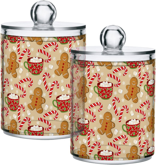 Gredecor Qtip Holder Dispenser 2 Pack Cute Gingerbread Men Snowflakes Candy Bathroom Decorative Storage Canister Holder Counter Vanity Organizer for Cotton Ball Swabs Pads Floss