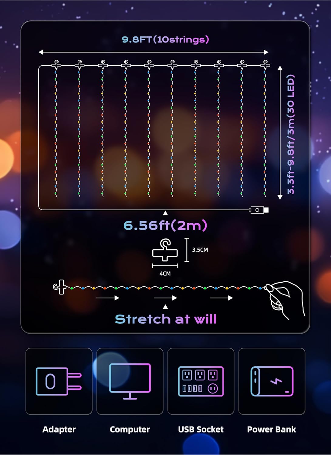 Brightown 300 LED Fairy Curtain Lights, 9.8ft x 9.8ft Multicolor Curtain String Lights, USB Plug in 8 Lighting Modes Christmas String Hanging Lights with Remote for Bedroom Indoor Outdoor Party Xmas