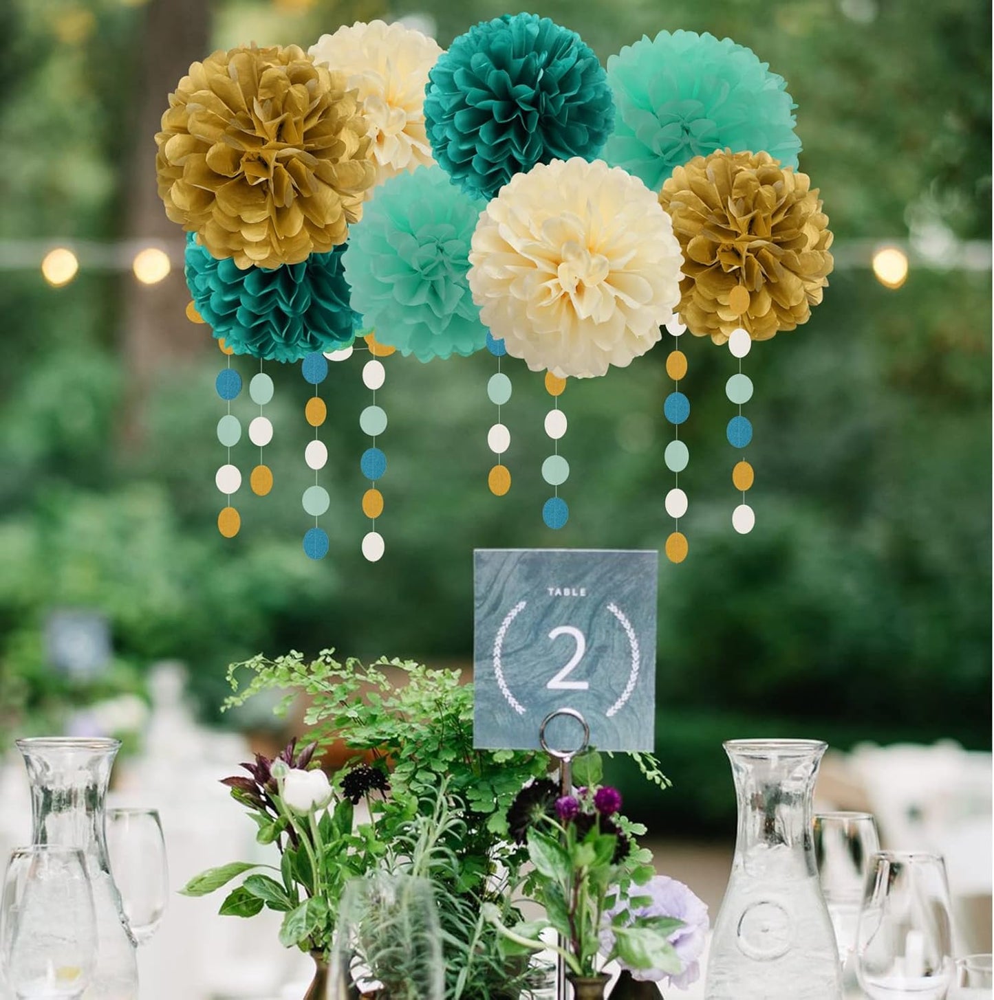 Teal-Blue Mint Beige-Gold Party Decorations - 30pcs Rustic Wedding Tissue Pom Poms Streamers,Tassel Garland Banner,Women Birthday Bachelorette Engagement Party Decor Bunting Lasting Surprise