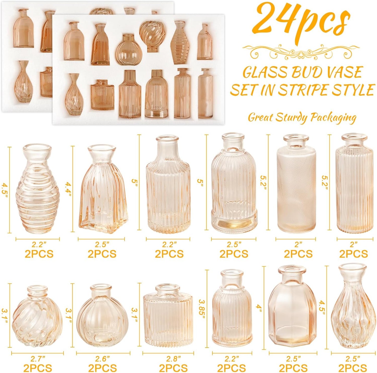 Champagne Bud Vases in Bulk 24 Packs Amber Glass Vase for Decor Centerpieces, Small Ribbed Vases for Flowers Stripe Modern Bud Vases Vintage Vases for Floral Wedding Party Table Decoration Home Decor