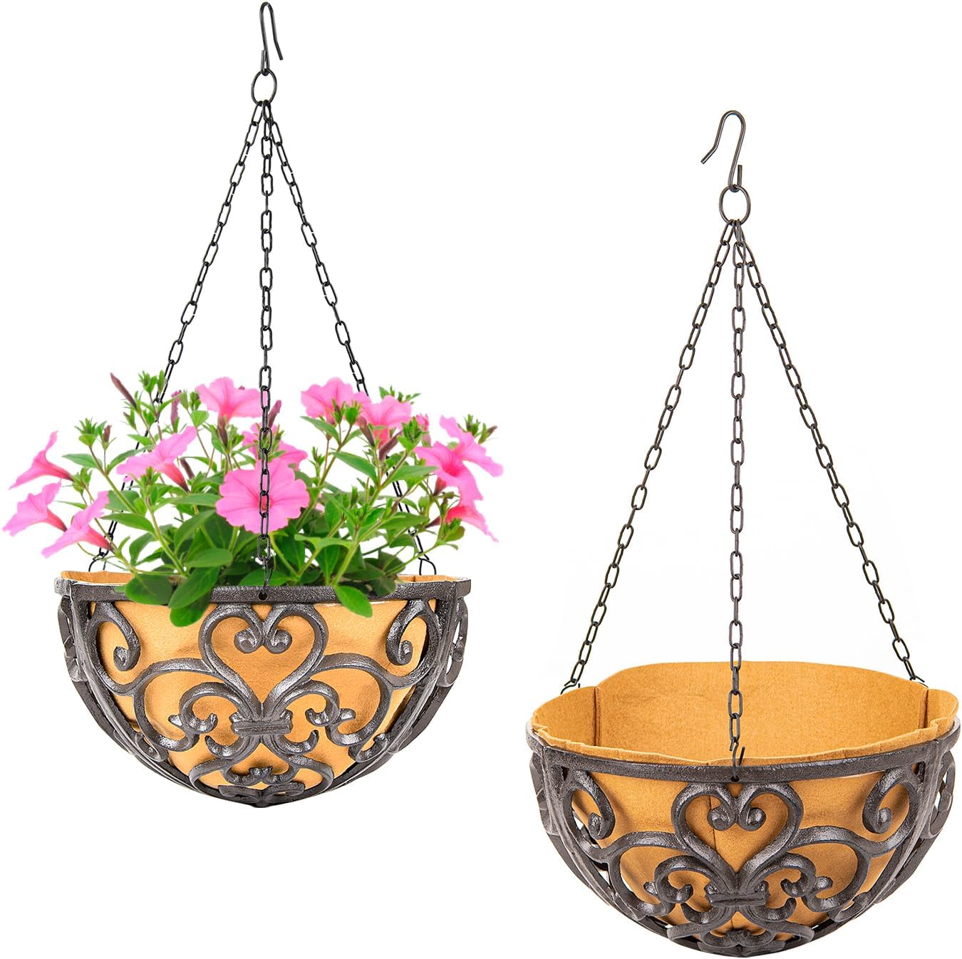 Sungmor 2PC 11" Dia. Large Cast Iron Hanging Baskets w/Fabric Liner, Rustic Brown Heavy-Duty Outdoor Hanging Planters Plant Pot Holders, Garden Yard Terrace Patio Porch Decorative Metal Flower Basket