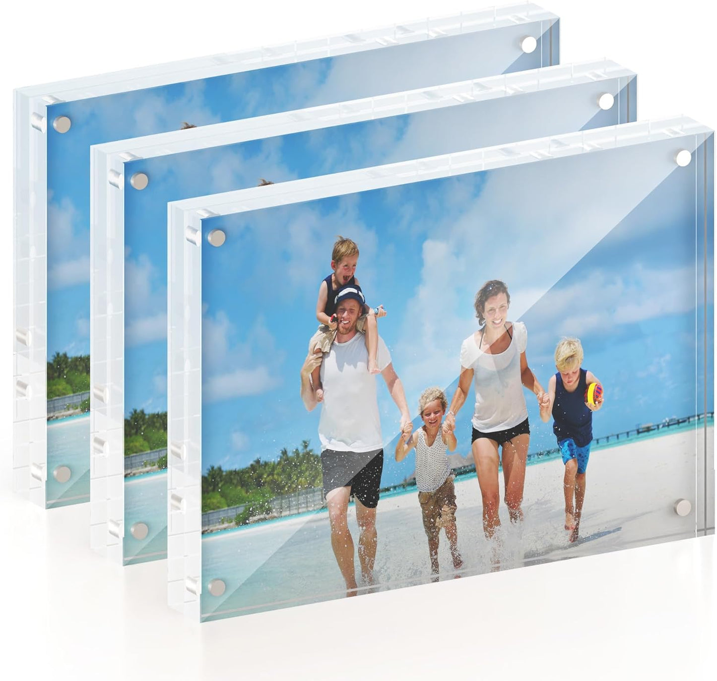 5x7 Acrylic Picture Frame 3 Pack, 20mm Thick Magnetic Double Sided Display 20% Thicker- Frameless Clear Transparent Photo Frame for Desktop/Tabletop, Self Standing with Microfiber Cloth