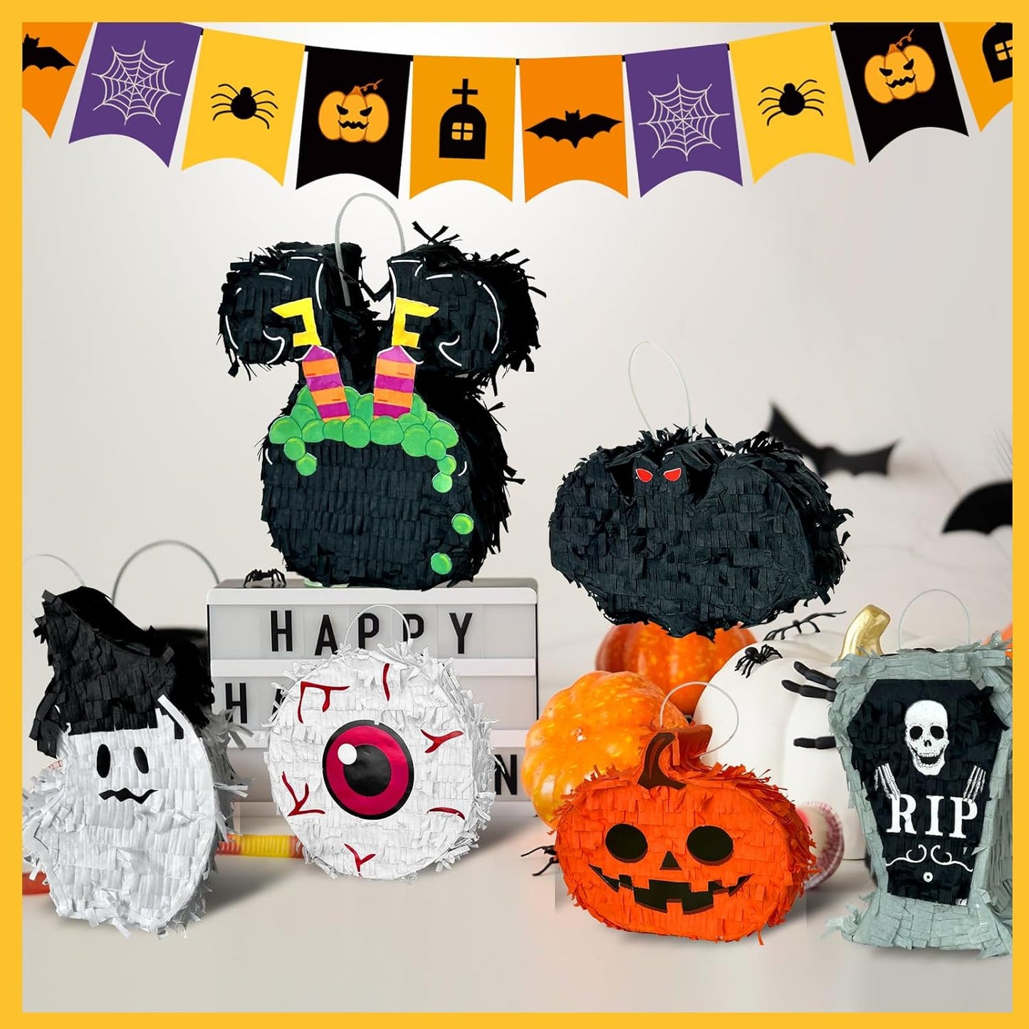 6 Pcs Halloween Piñata Set Small Pumpkin Ghost Tombstone Bat Eyeball Witch Jar Piñata Fillable Piñata for Halloween Party Decorations Photo Props for Candy and Treats