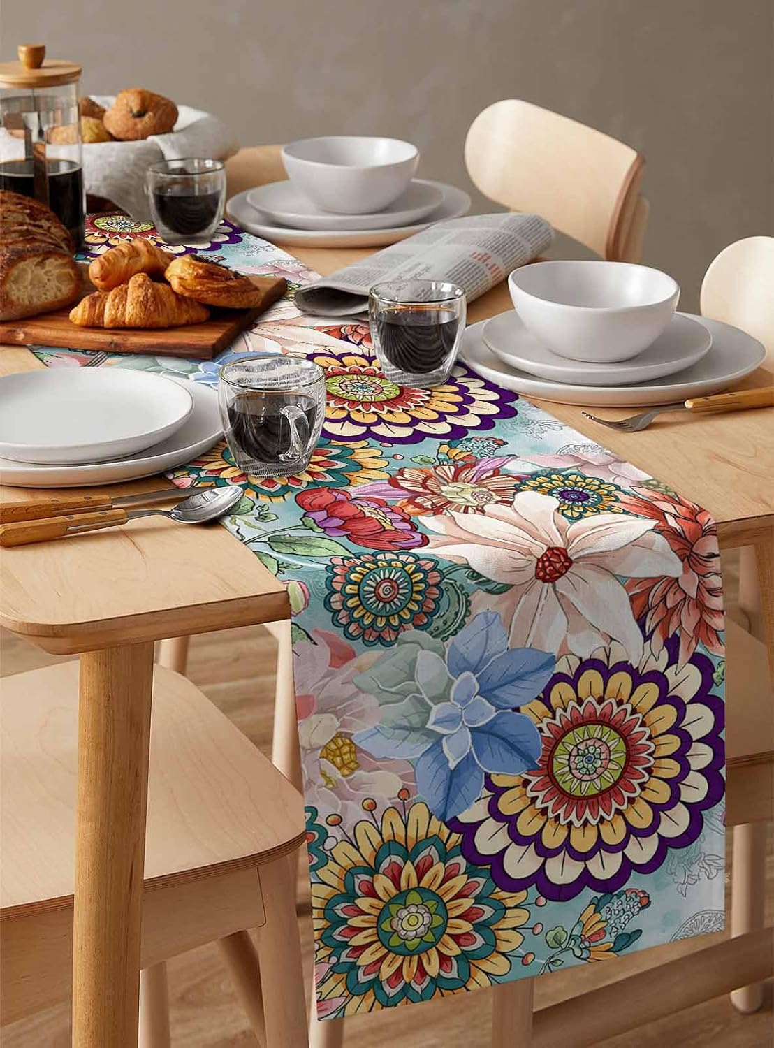 Boho Flowers Cotton Linen Table Runner for Dining Kitchen, Wedding Outdoor Party Tablerunners Decoration, Colorful Floral Farm Vintage Botanical Dresser Scarf Coffee Tablecloth Runners 13x72 Inches