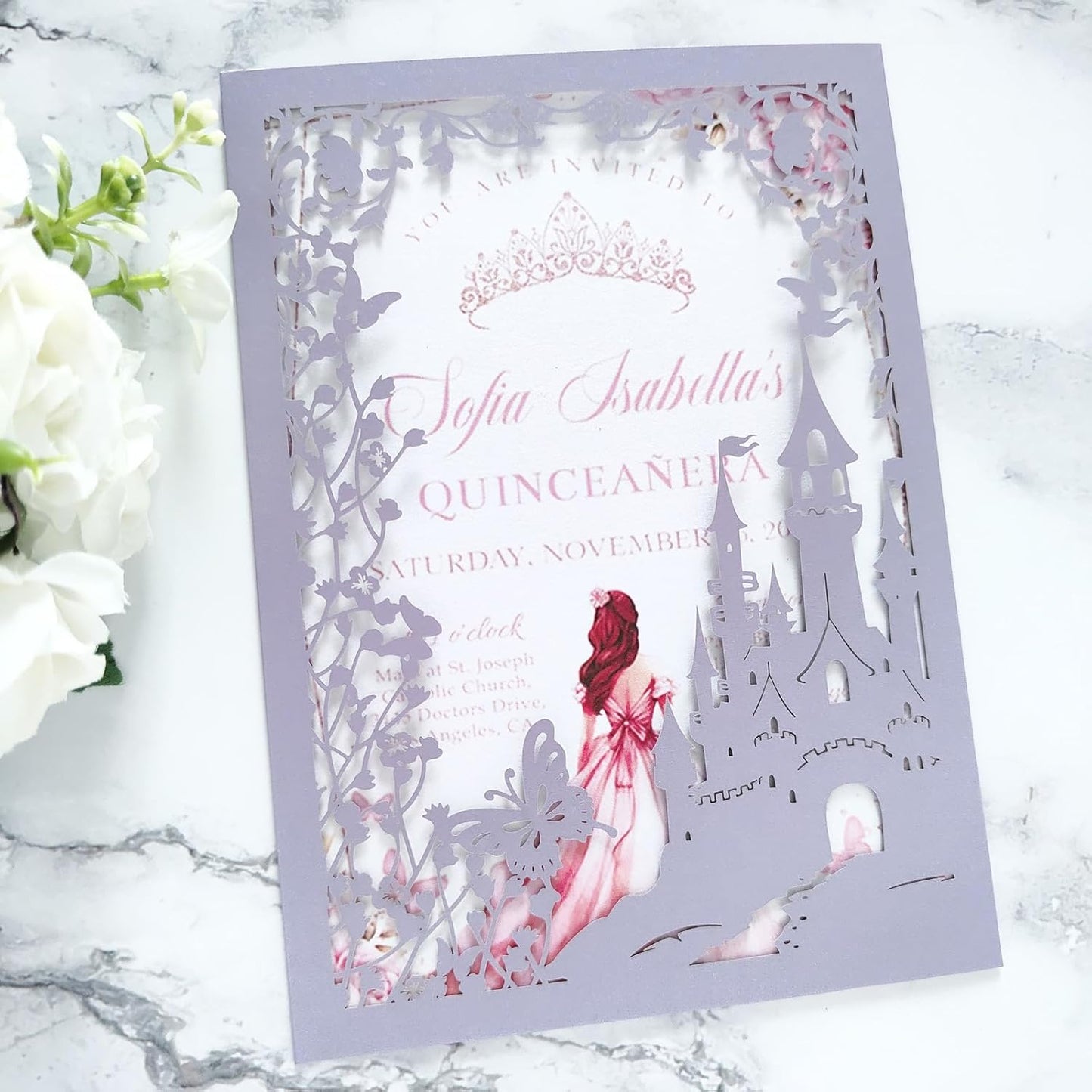 20PCS Castle Pocket Invitations, Quinceanera Invitations with Envelopes, Princess Invitation, Laser Cut quince invites (purple)