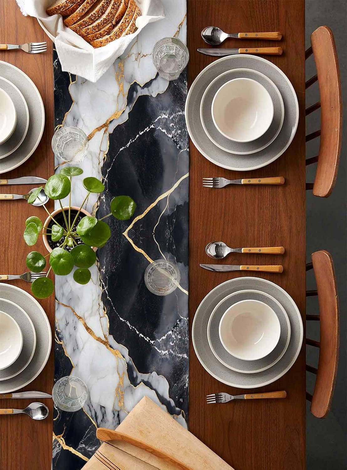 Black White Marble Cotton Linen Table Runner for Dining Kitchen, Wedding Outdoor Party Tablerunners Decoration, Nature Marble Crack Modern Art Dresser Scarf Coffee Tablecloth Runners 13x120 Inches