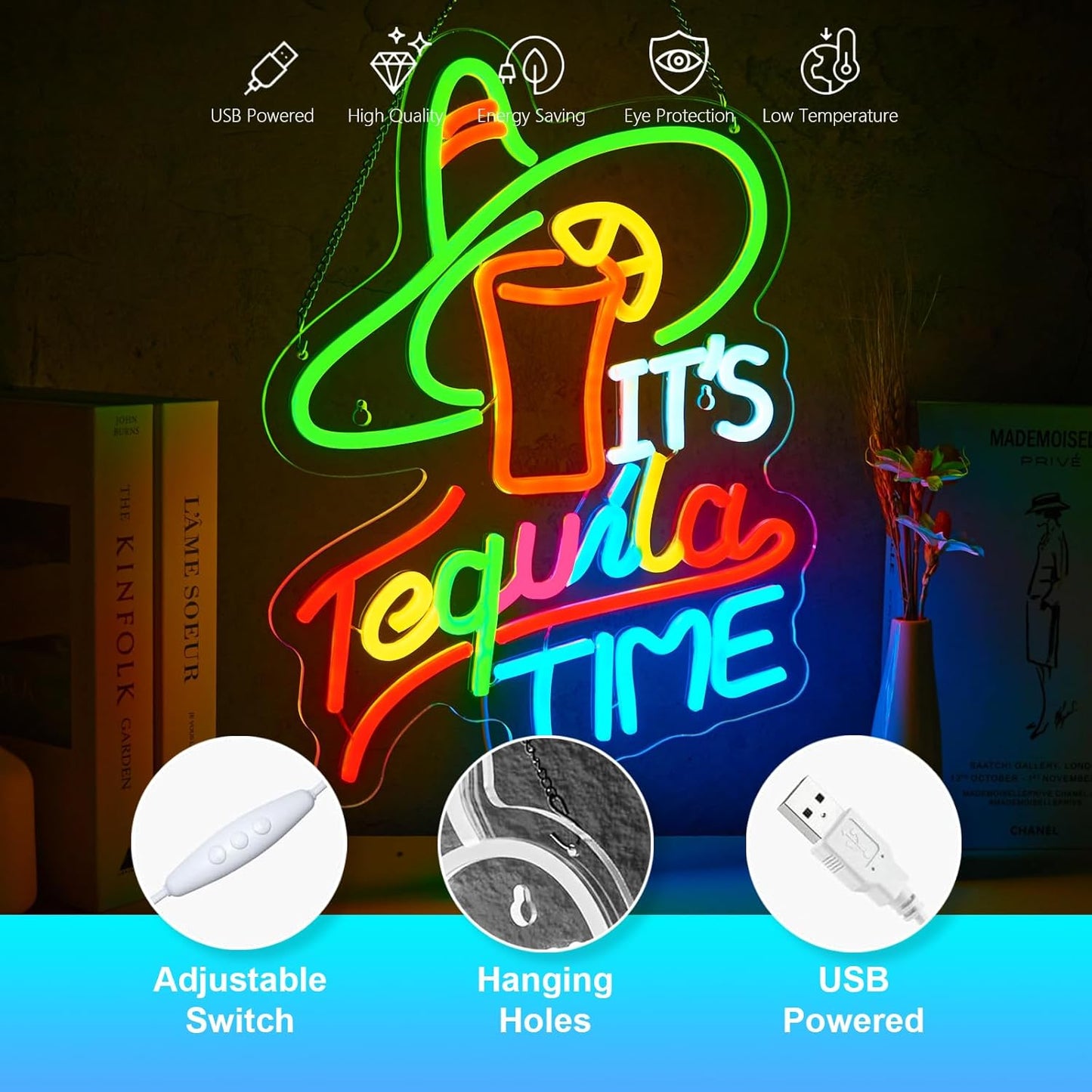 It's Tequila Time Neon Sign Tequila Time Neon Sign for Wall Decor Mexican Tequila USB Dimmable LED Neon Lights for Beer Bar Kitchen Restaurant Home Pub Party Man Cave Club Shops Hotel Store Business Gift